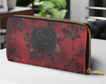 Gothic Rose Zipper Wallet, Chic Floral Wallet, Stylish Coin Purse, Gift for Her, Unique Accessories for Women