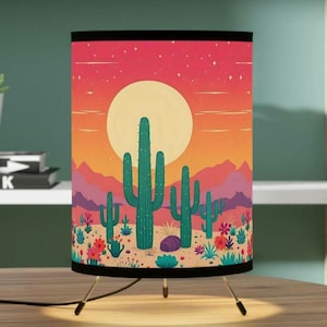 Southwestern Cactus Table Lamp, Boho Aztec Western Tripod Lamp with High-Res Printed Shade, Bohemian Nightstand Light, Southwest Desk Lamp,