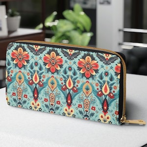 Monedero azteca con cremallera, monedero tribal, monedero estilo suroeste, tarjetero étnico, billetera de viaje bohemia