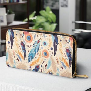 Cartera con cremallera y estampado bohemio de plumas, monedero grande en tonos tierra, tarjetero para mujer, clutch bohemio hippie, regalo para ella