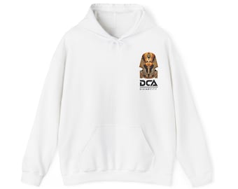 May include: White hooded sweatshirt with a graphic print of a pharaoh's head and the text "DCA DIVINE CITY".