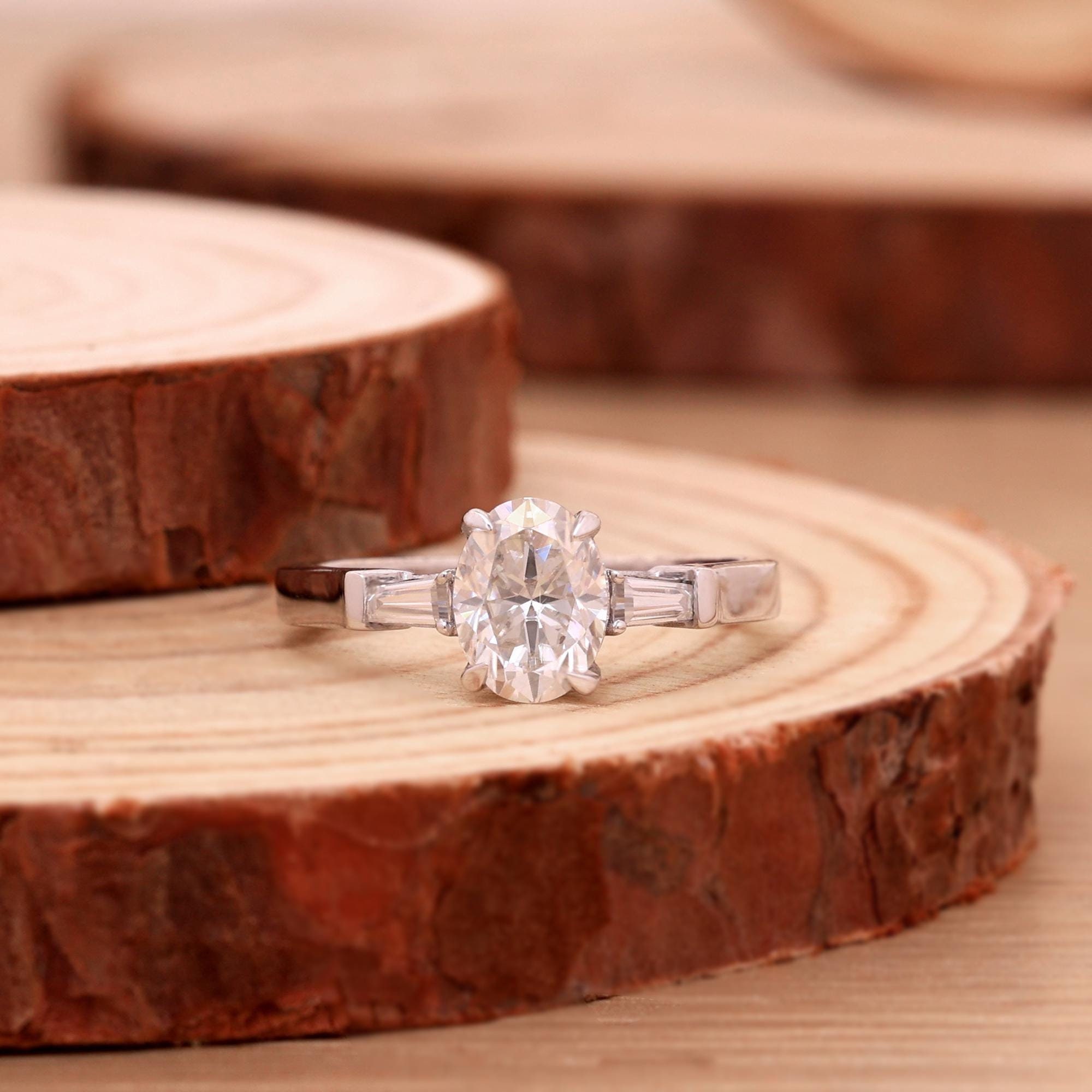 Oval Cut Moissanite Engagement Ring, 2 Carat Three Stone Ring with Tapered Baguettes, Unique 3 Stone Wedding Anniversary Ring for Women