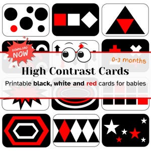 High Contrast Black, White & Red Baby Cards, Printable Sensory Flashcards, 12 Geometric Shapes and Patterns for Babies - Digital Download