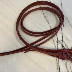 May include: A set of dark brown leather reins, coiled and arranged on a light-colored surface. The reins are made of thin strips of leather and have a braided detail at the ends. The overall aesthetic is simple and functional.