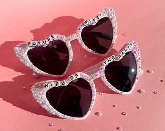 White Custom/Personalised Bride, Hens, Bridal Shower, Wedding, Pearl Heart Diamanté Sunglasses