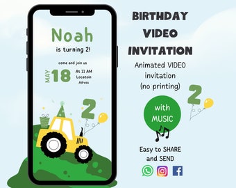 Birthday Invitation Video, Animated Video Party Invite, Party Invites for Kids, Custom Video kids Birthday Invitation, Tractor Invitation