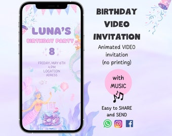 Mermaid Birthday Invitation, Birthday Invitation Video, Animated Video Invite, Party Invites for Kids, Custom Video kids Birthday Invitation