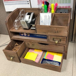 Adjustable Wooden Office Desk Organizer For Desktop Tabletop Organizer Counter Wood Storage Shelf Rack Mail Organizer 15"W x 10.5"H Brown