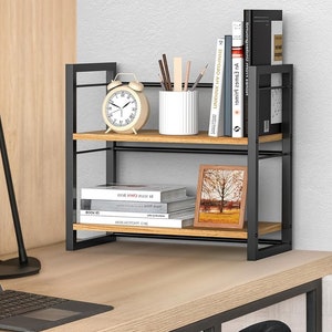 Black 2-Tier Wood Office Desk Shelf Organizer Desktop Bookshelf for Supplies Storage Rack Desk Organization Solution for Home Office 14.48"H