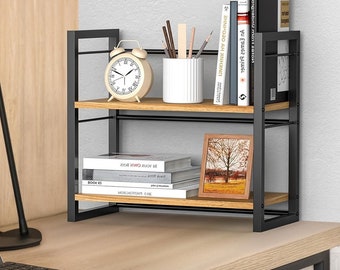 Black 2-Tier Wood Office Desk Shelf Organizer Desktop Bookshelf for Supplies Storage Rack Desk Organization Solution for Home Office 14.48"H