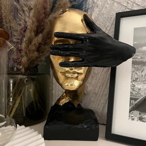 Elegant Figurine Black Gold Accents Modern Resin Thinker Statue Artful Women Face Decor for Room Office Desktop Bookshelf Table Decor 11.8"