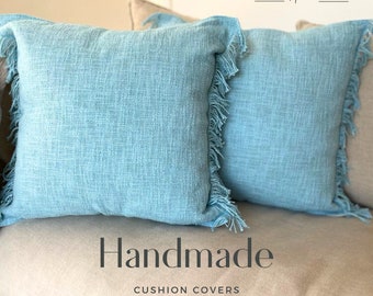 SET of 2 Handmade Cushion Covers 50x50 (Blue) with fringes on two sides, back plain natural cotton (beige) Boho pillow