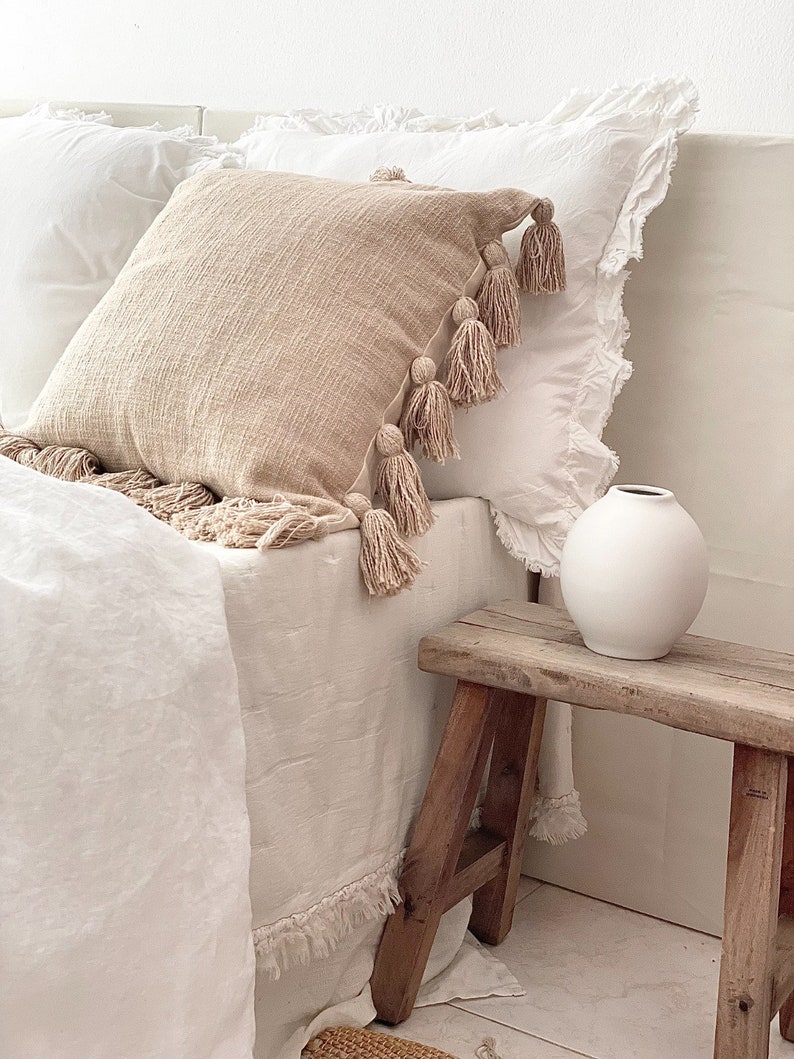 Set of 2 Handmade Cushion Covers 50x50 natural With Pompom tassels, Reverse Plain Beige, Vegan