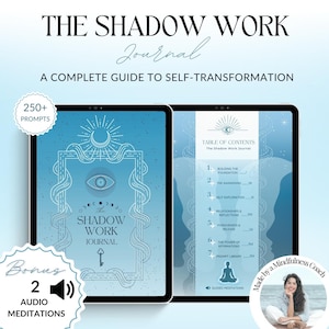 Könnte beinhalten: Ein digitales Journal-Cover mit einem blauen und weißen Design, das eine Sichelmond, ein Auge und einen Schlüssel zeigt. Der Text "The Shadow Work Journal" wird in einem weißen Kasten angezeigt. Das Cover enthält auch den Text "250+ Prompts" und "Bonus 2 Audio Meditations".