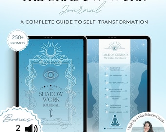 Puede incluir: Una portada de diario digital con un diseño azul y blanco que presenta una luna creciente, un ojo y una llave. El texto "The Shadow Work Journal" se muestra en un cuadro blanco. La portada también incluye el texto "250+ Prompts" y "Bonus 2 Audio Meditations".