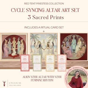 Può includere: Set artistico da altare Cycle Syncing con tre stampe sacre e un set di carte rituali. L'opera raffigura donne in vari contesti, con testi che indicano "Inner Winter", "Inner Spring", "Inner Summer" e "Inner Autumn".
