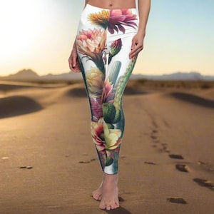 Cactus And Flower Leggings, Plant Lovers Gift, Garden Lover Gift, Cactus Print Leggings, Flower Lover Gift, Watercolor Leggings, Yoga Gift