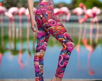 Flaming Flamingo Leggings, Flamingo Lover Leggings, Bird Lover Gift, Festival Leggings, Festival Outfit, Yoga Birthday Gift, Meditation Gift