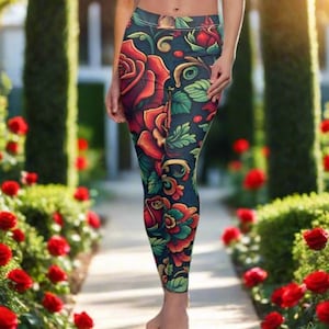 Rose Thorn Leggings, Women&#39;s Yoga Leggings, Festival Yoga Pants, Nature Leggings, Rose Print Leggings, Floral Tights, Rose Flower Tights