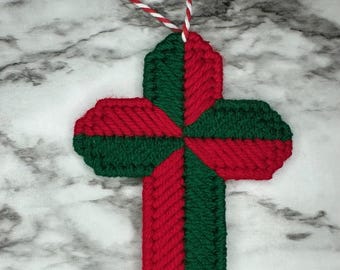 Faithful Cross Decoration, Plastic Canvas Handmade Ornament, Red and White or Red and Green Christmas Ornaments, Holiday Decor, Unique Gift