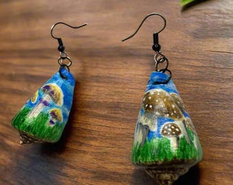 Hand-Painted Mushroom Seashell Earrings: Whimsical Fungi Jewelry