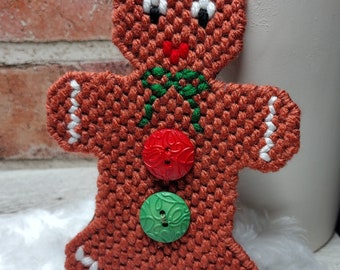 Hand Stitched Gingerbread Man Ornaments, Holiday Decor,  Vintage Style Winter Ornament, Plastic Canvas Christmas Decorations, Made With Love