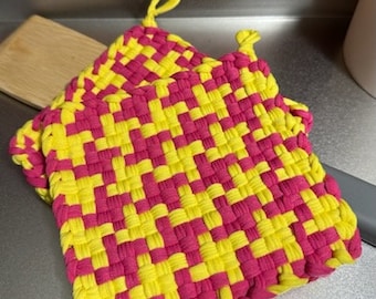 Handmade Loomed Cotton Potholder Set: Pink & Yellow Pinwheel Trivets
