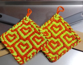 Handmade Loomed Potholder Set: Orange & Yellow Pinwheel Cotton Trivets