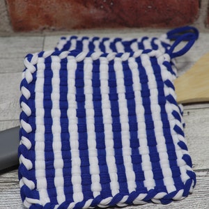 Handgemachtes Topflappen Set mit Baumwolle gestreift: Blau & Weiß gestreifte Topflappen