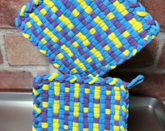 Handmade Loomed Cotton Potholder Set: Blue, Purple & Yellow Trivets