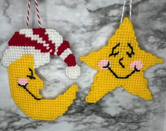 Moon and Star Ornaments, Plastic Canvas Handmade Decoration, Holiday Decor, Unique Gift, Handmade Moon Ornament, Handmade Star Decoration