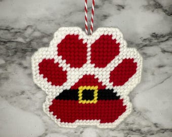 Santa Paws Ornaments, Paw Print Christmas Ornaments, Pet Decorations, Vintage Style Christmas Ornaments, Plastic Canvas Paw Print Ornament