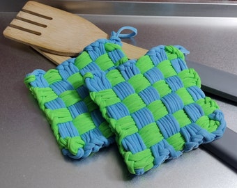 Handmade Loom Potholders: Blue & Green Cotton Hot Pads (Set of 2)
