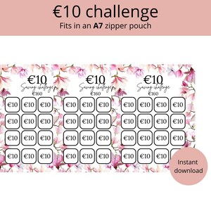 Può includere: Un grafico di sfida di risparmio da 10 € stampabile con un design floreale. Il grafico ha 18 quadrati, ognuno con il testo "10 €" all'interno. Il grafico è progettato per aiutare le persone a risparmiare denaro.