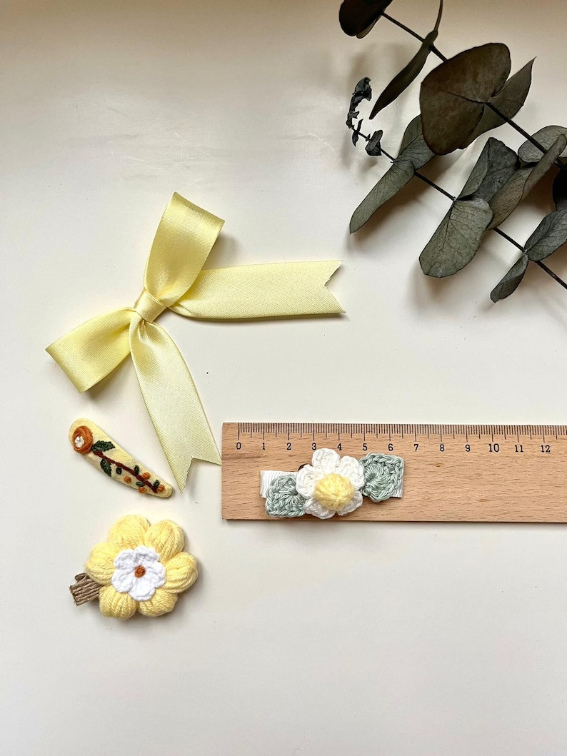 Handmade Yellow Hair Clip Set 4, Crochet Yellow Bow Hair Clip For, Yellow Flower Hair Snap