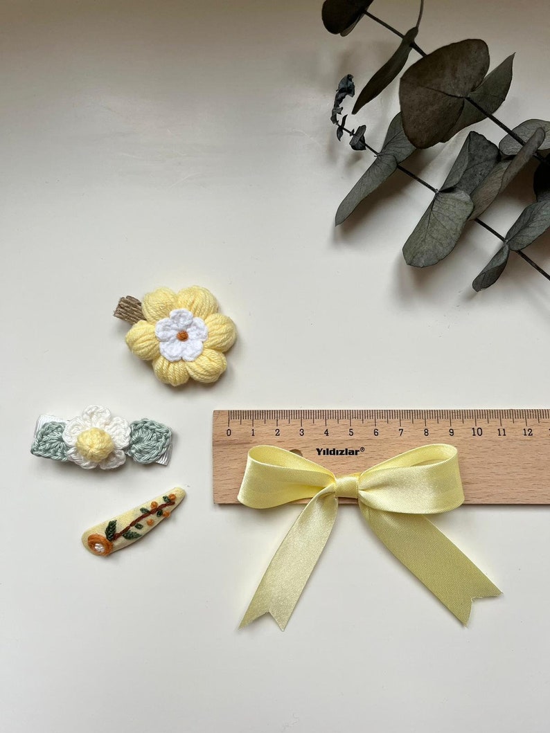 Handmade Yellow Hair Clip Set 4, Crochet Yellow Bow Hair Clip For, Yellow Flower Hair Snap