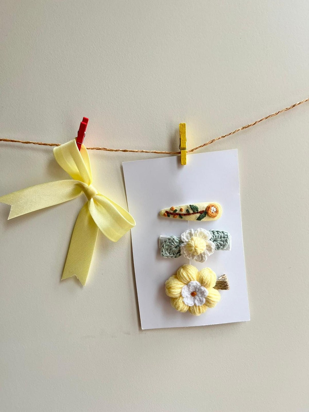 Handmade Yellow Hair Clip Set 4, Crochet Yellow Bow Hair Clip For, Yellow Flower Hair Snap