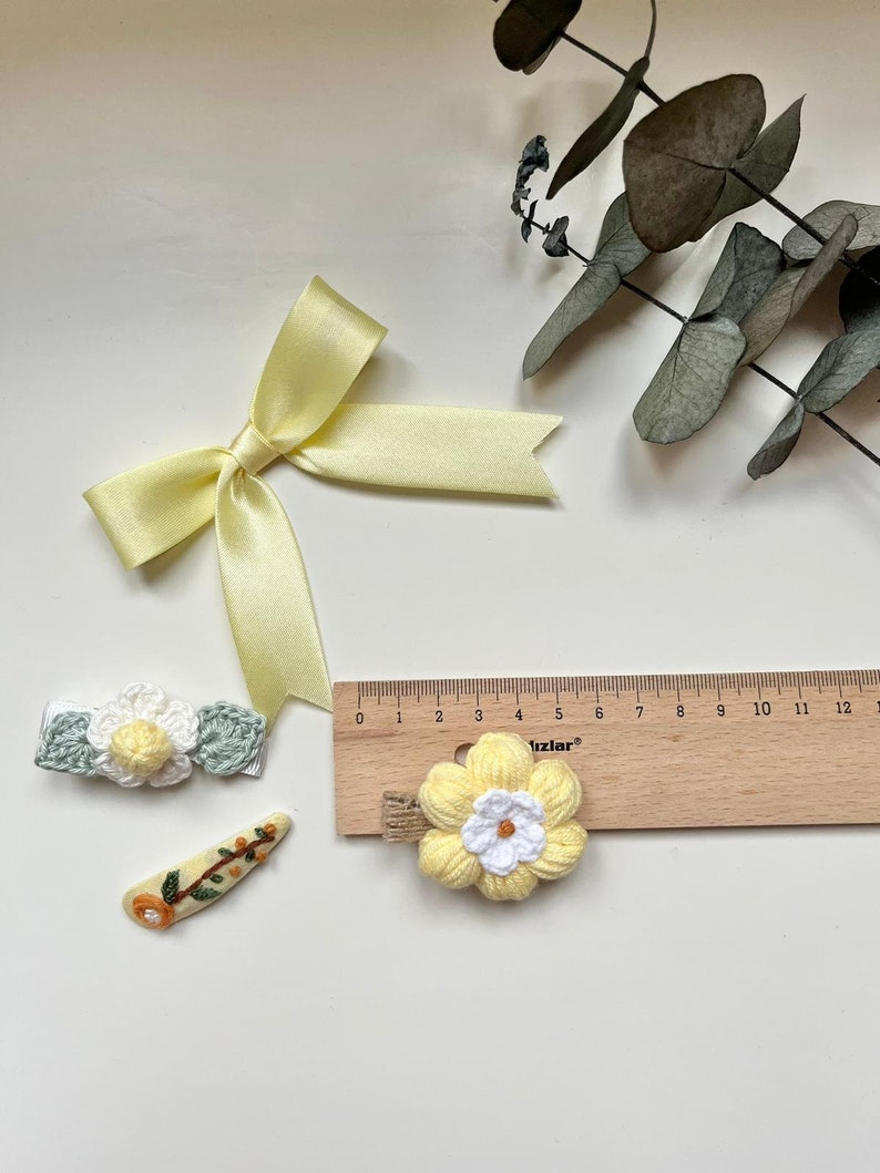 Handmade Yellow Hair Clip Set 4, Crochet Yellow Bow Hair Clip For, Yellow Flower Hair Snap