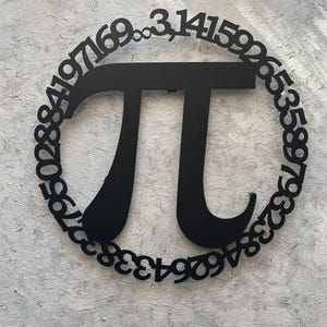 May include: Black metal wall art featuring the mathematical symbol Pi, with the digits of Pi encircling the symbol. The design is cut out and mounted on a textured, light grey surface. A decorative piece for math enthusiasts.