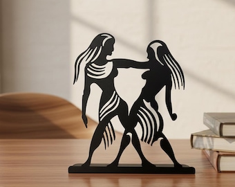 Escultura metálica del signo zodiacal Géminis, decoración de escritorio de gemelos de acero cortado con láser, arte astrológico moderno.