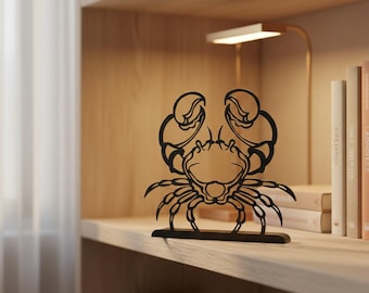 Rzeźba z metalu z symbolem znaku zodiaku Rak, dekoracja biurka z horoskopem Kraba, minimalistyczna sztuka ze stali