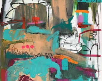 Abstract Acrylic Oil Pastel Painting on Canvas (39x31 in) - Estati Adulte