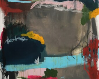 May include: Abstract painting with bold strokes of blue, pink, red, yellow, and green on a white canvas. The painting has a textured surface and a modern style.