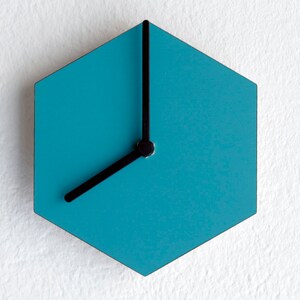 Very Small Hexagonal Clock, Wooden Turquoise Timepiece, Minimal Wall Decor with Hexagon Design, Compact Geometric Clocks and Stylish Accents