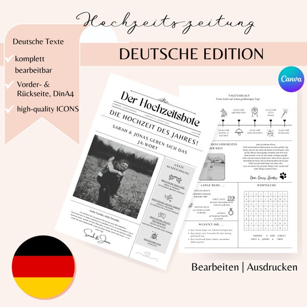 Zeitung Hochzeit deutsch, Hochzeitszeitung Vorlage deutsch, digitale Vorlage Hochzeitszeitung, Hochzeitsprogramm, Hochzeitszeitung Canva