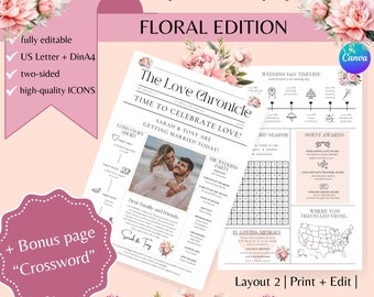 floral wedding newspaper template canva, wedding newspaper program, floral wedding program, wedding template, wedding program canva