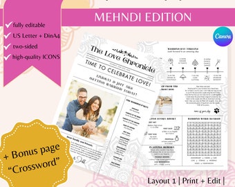 wedding newspaper program template with wedding timeline, newspaper wedding program, wedding newspaper template, newspaper program canva