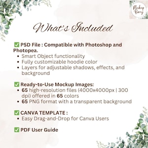 K&ouml;nnte beinhalten: Digitales Grafikdesign mit dem Text "What's Included" und einer Liste von Funktionen, einschlie&szlig;lich PSD-Dateien, gebrauchsfertigen Mockup-Bildern, Canva-Vorlagen und einem PDF-Benutzerhandbuch. Aquarellhintergrund und dekorative gr&uuml;ne Bl&auml;tter.