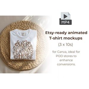 May include: A folded white t-shirt with a brown design that says "YOUR DESIGN HERE" is displayed on a woven mat. The image includes text that says "Etsy-ready animated T-shirt mockups (3 x 10s)" and "for Canva".