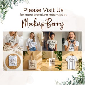K&ouml;nnte beinhalten: Werbebild f&uuml;r "Mockup Berry" mit verschiedenen Mockups. Das Bild zeigt wei&szlig;e T-Shirts, eine Tragetasche und eine Tasse, jeweils mit dem Logo der Marke. Die Mockups werden auf Models und in Lifestyle-Umgebungen pr&auml;sentiert.